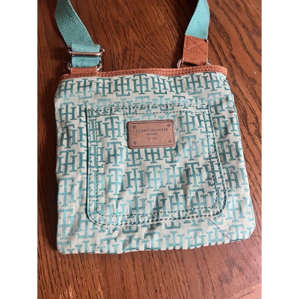 Tommy Hilfiger 8x8 Aqua (Teal) Cross Body Bag Purse Brown Trim